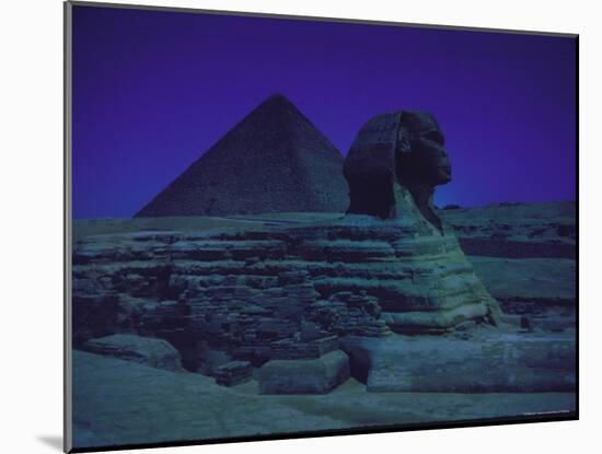 Sphinx and Great Pyramid at Giza, in Moonlight, Egypt-James Burke-Mounted Photographic Print