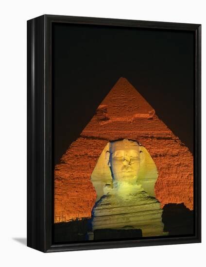 Sphinx and One of the Pyramids Illuminated at Night, Giza, Cairo, Egypt-Nigel Francis-Framed Premier Image Canvas
