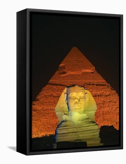 Sphinx and One of the Pyramids Illuminated at Night, Giza, Cairo, Egypt-Nigel Francis-Framed Premier Image Canvas