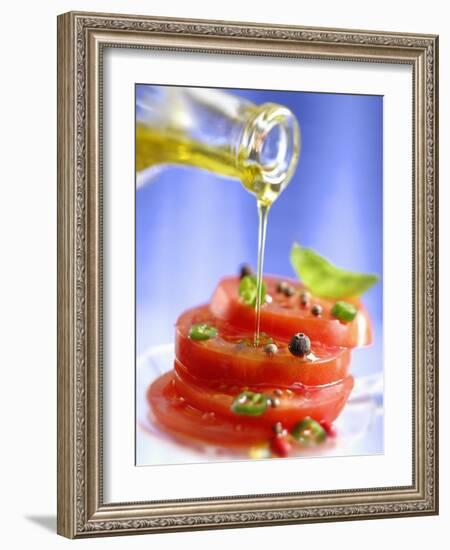 Spiced Tomatoes Being Drizzled with Olive Oil-Jean-Paul Chassenet-Framed Photographic Print