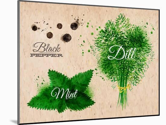 Spices Herbs Watercolor Black Pepper, Mint, Dill Kraft-anna42f-Mounted Art Print