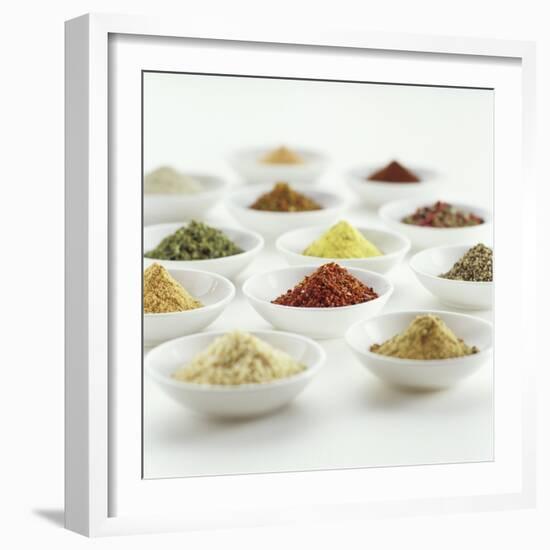 Spices, Spice Mixtures and Marinades in Small Bowls-Jana Liebenstein-Framed Photographic Print