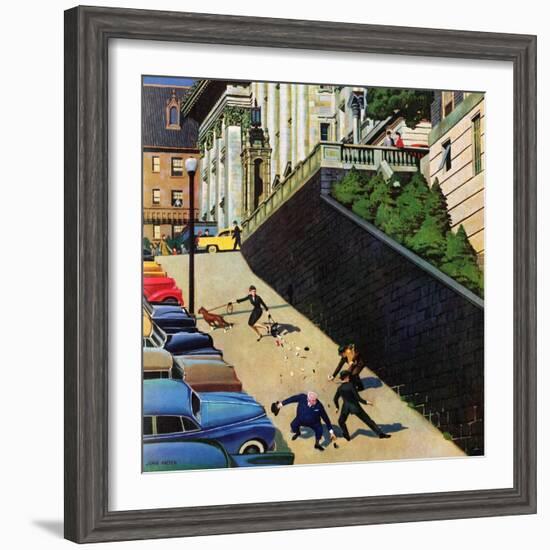 "Spilled Purse on Steep Hill", March 26, 1955-John Falter-Framed Giclee Print