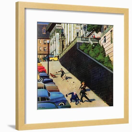 "Spilled Purse on Steep Hill", March 26, 1955-John Falter-Framed Giclee Print