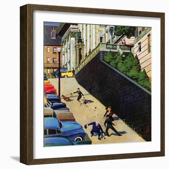 "Spilled Purse on Steep Hill", March 26, 1955-John Falter-Framed Giclee Print