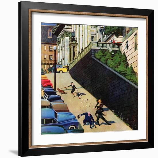 "Spilled Purse on Steep Hill", March 26, 1955-John Falter-Framed Giclee Print