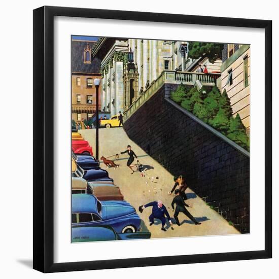 "Spilled Purse on Steep Hill", March 26, 1955-John Falter-Framed Giclee Print