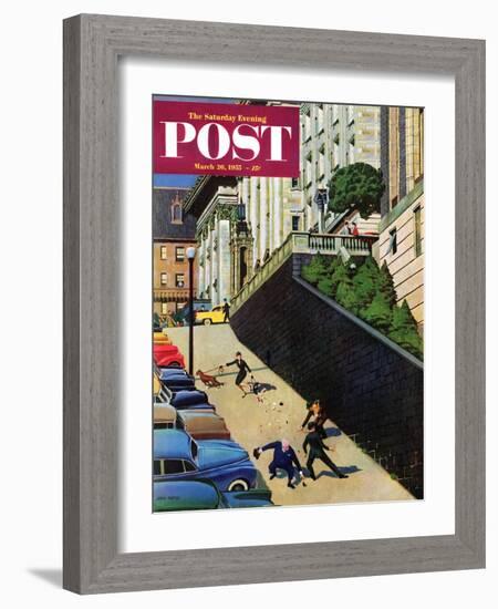 "Spilled Purse on Steep Hill" Saturday Evening Post Cover, March 26, 1955-John Falter-Framed Giclee Print