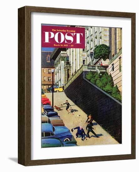 "Spilled Purse on Steep Hill" Saturday Evening Post Cover, March 26, 1955-John Falter-Framed Giclee Print