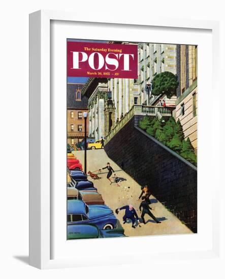 "Spilled Purse on Steep Hill" Saturday Evening Post Cover, March 26, 1955-John Falter-Framed Giclee Print