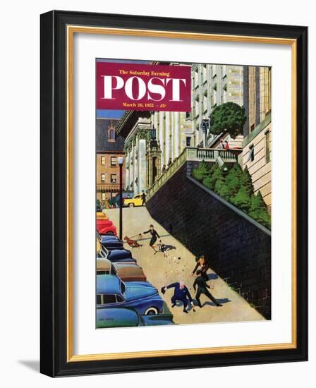 "Spilled Purse on Steep Hill" Saturday Evening Post Cover, March 26, 1955-John Falter-Framed Giclee Print