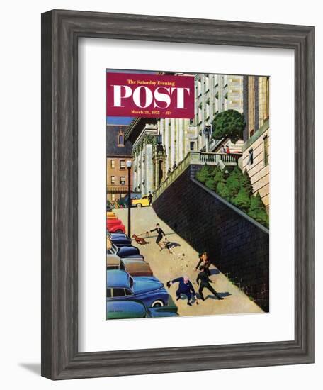 "Spilled Purse on Steep Hill" Saturday Evening Post Cover, March 26, 1955-John Falter-Framed Giclee Print