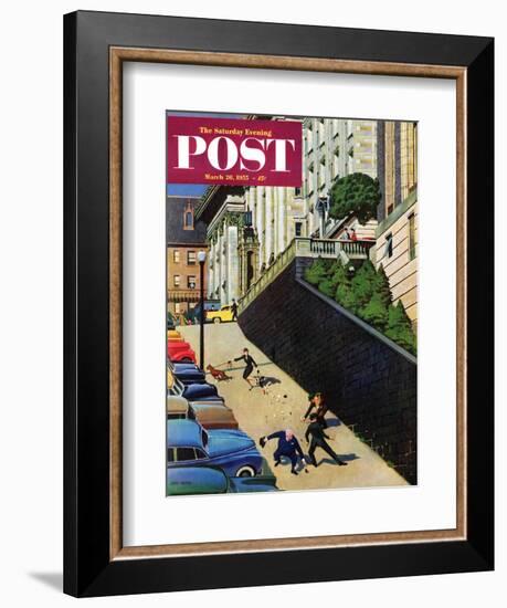 "Spilled Purse on Steep Hill" Saturday Evening Post Cover, March 26, 1955-John Falter-Framed Giclee Print