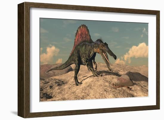 Spinosaurus Dinosaur Hunting a Snake - 3D Render-Elenarts-Framed Art Print