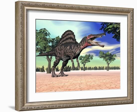 Spinosaurus Standing in the Desert with Trees-null-Framed Art Print