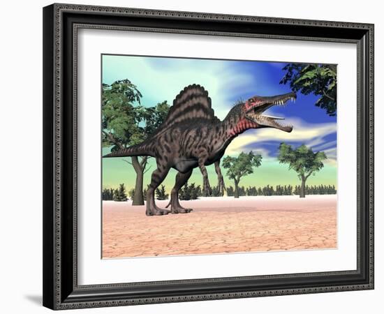 Spinosaurus Standing in the Desert with Trees-null-Framed Art Print