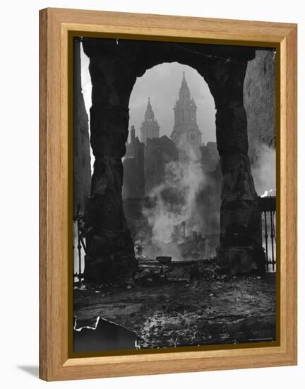 Spires of St. Paul's Cathedral After German Air Raid Bomb Attack on the City-Hans Wild-Framed Premier Image Canvas