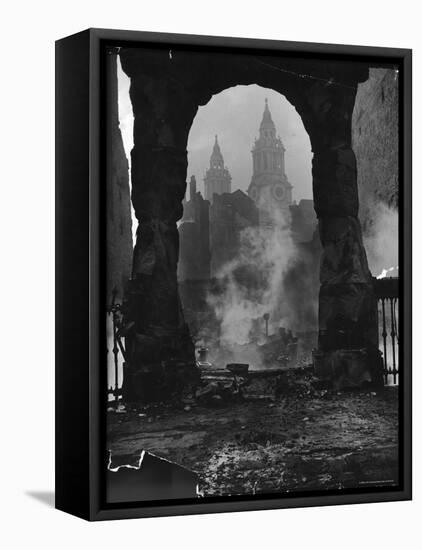 Spires of St. Paul's Cathedral After German Air Raid Bomb Attack on the City-Hans Wild-Framed Premier Image Canvas