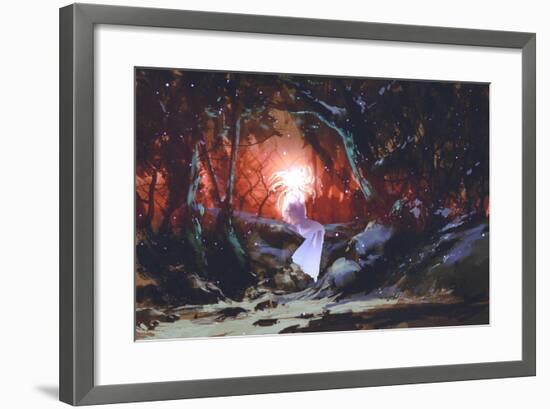 Spirit of the Enchanted Forest,Woman in the Dark Woods,Illustration Painting-Tithi Luadthong-Framed Art Print