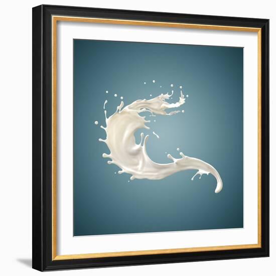 Splash of White Fat Milk as Design Element on Blue Background-Willyam Bradberry-Framed Photographic Print