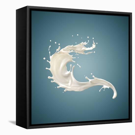 Splash of White Fat Milk as Design Element on Blue Background-Willyam Bradberry-Framed Stretched Canvas