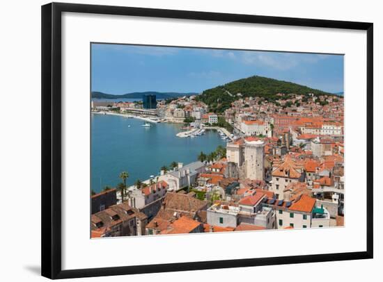 Split, Dalmatian Coast, Croatia. High overall rooftop view with harbour. The tower is the 15th c...-null-Framed Photographic Print