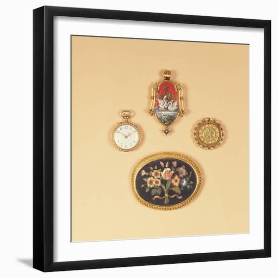 Split Pearl Fob Watch (Front and Back); Victorian Micro-Mosaic Brooch; Victorian Pietra-Dura Brooch-English-Framed Giclee Print