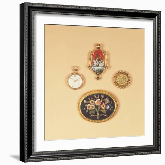 Split Pearl Fob Watch (Front and Back); Victorian Micro-Mosaic Brooch; Victorian Pietra-Dura Brooch-English-Framed Giclee Print