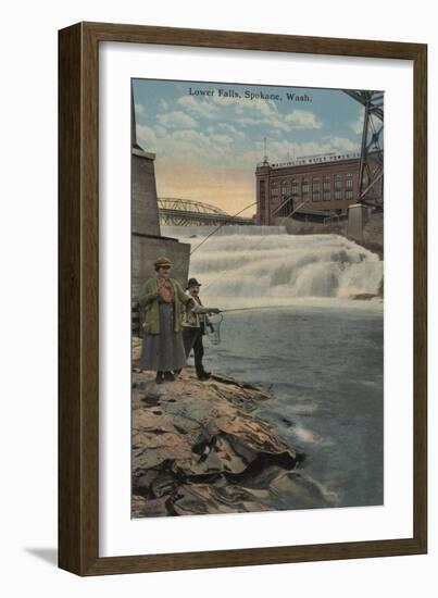 Spokane, WA - Couple Fishing on Lower Falls-Lantern Press-Framed Art Print