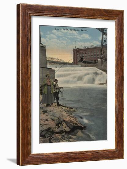 Spokane, WA - Couple Fishing on Lower Falls-Lantern Press-Framed Art Print