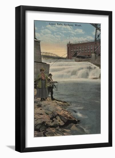 Spokane, WA - Couple Fishing on Lower Falls-Lantern Press-Framed Art Print