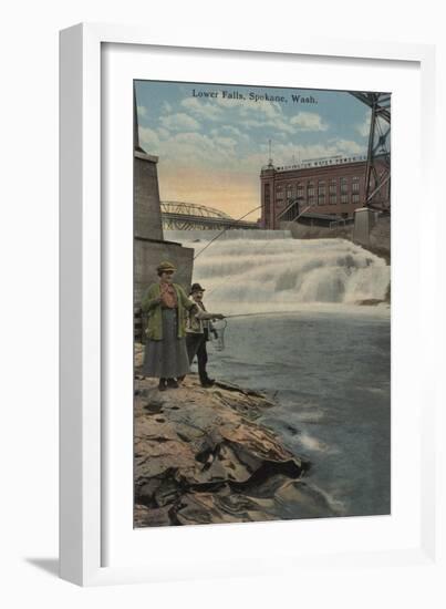 Spokane, WA - Couple Fishing on Lower Falls-Lantern Press-Framed Art Print