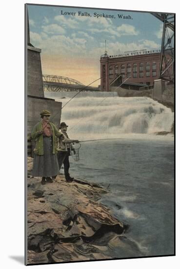 Spokane, WA - Couple Fishing on Lower Falls-Lantern Press-Mounted Art Print