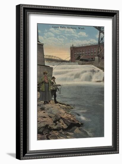 Spokane, WA - Couple Fishing on Lower Falls-Lantern Press-Framed Art Print