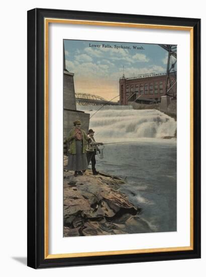 Spokane, WA - Couple Fishing on Lower Falls-Lantern Press-Framed Art Print