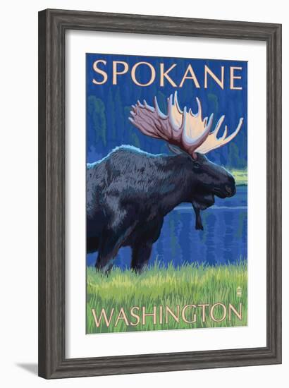 Spokane, Washington, Moose at Night-Lantern Press-Framed Art Print