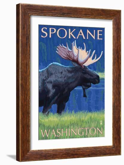 Spokane, Washington, Moose at Night-Lantern Press-Framed Art Print