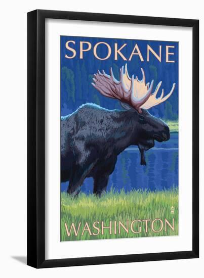 Spokane, Washington, Moose at Night-Lantern Press-Framed Art Print