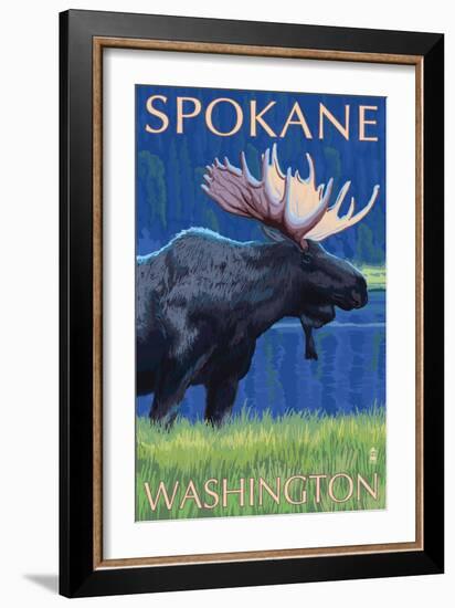 Spokane, Washington, Moose at Night-Lantern Press-Framed Art Print