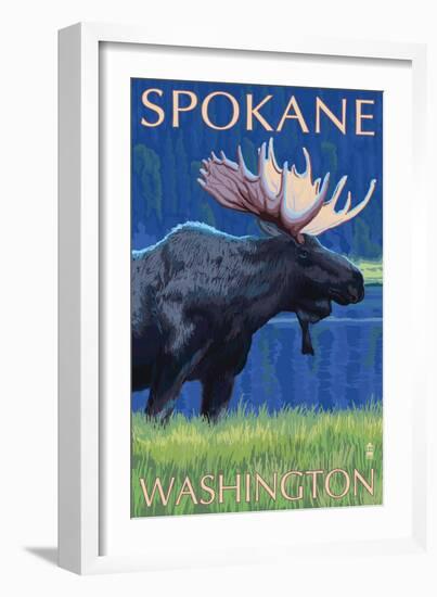 Spokane, Washington, Moose at Night-Lantern Press-Framed Art Print