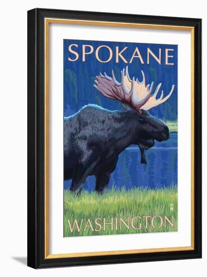 Spokane, Washington, Moose at Night-Lantern Press-Framed Art Print