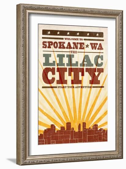 Spokane, Washington - Skyline and Sunburst Screenprint Style-Lantern Press-Framed Art Print