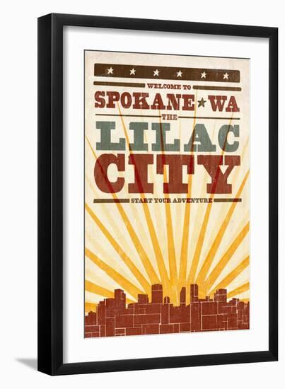 Spokane, Washington - Skyline and Sunburst Screenprint Style-Lantern Press-Framed Art Print