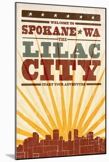 Spokane, Washington - Skyline and Sunburst Screenprint Style-Lantern Press-Mounted Art Print