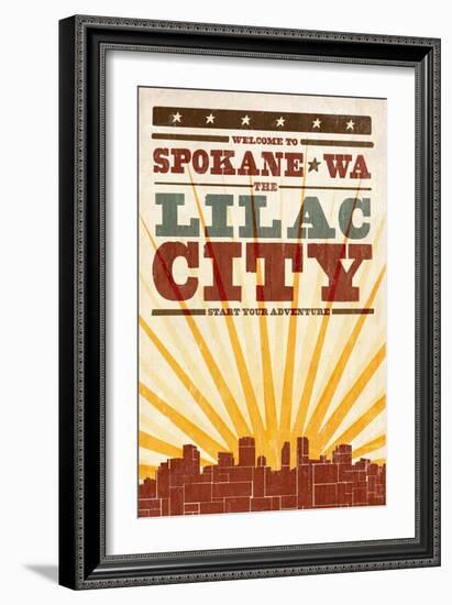 Spokane, Washington - Skyline and Sunburst Screenprint Style-Lantern Press-Framed Art Print