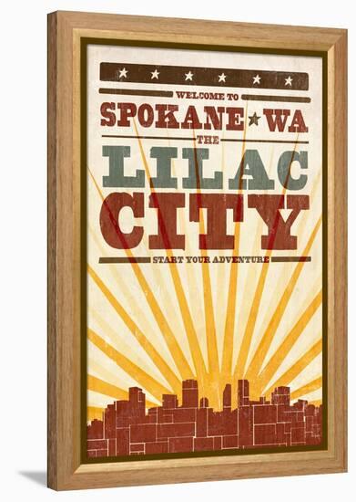 Spokane, Washington - Skyline and Sunburst Screenprint Style-Lantern Press-Framed Stretched Canvas
