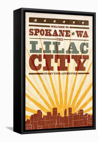 Spokane, Washington - Skyline and Sunburst Screenprint Style-Lantern Press-Framed Stretched Canvas