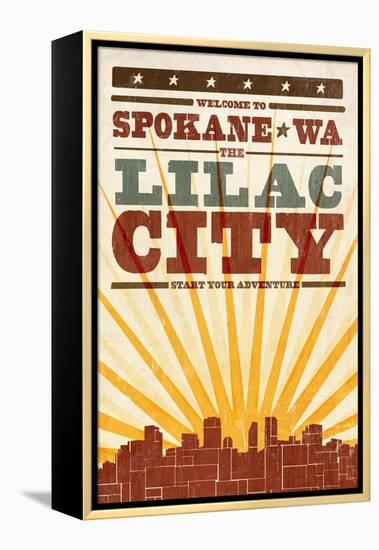 Spokane, Washington - Skyline and Sunburst Screenprint Style-Lantern Press-Framed Stretched Canvas