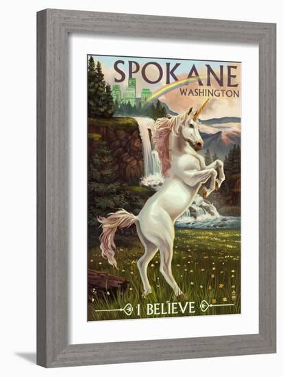 Spokane, Washington - Unicorn Scene-Lantern Press-Framed Art Print