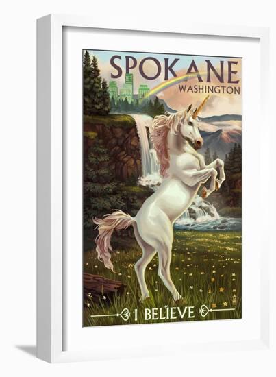 Spokane, Washington - Unicorn Scene-Lantern Press-Framed Art Print